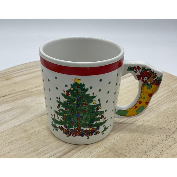 Christmas Tree Ceramic Mug Holiday Coffee Cup Red Rim Stocking Handle Polka Dot - Picture 1 of 6
